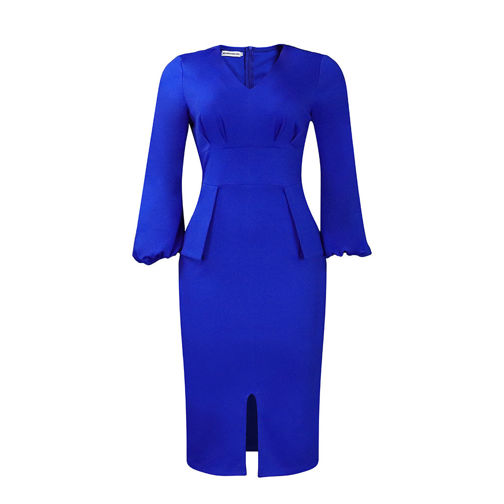 Women's Clothing V-neck Puff Sleeve Split Dress Pencil Skirt