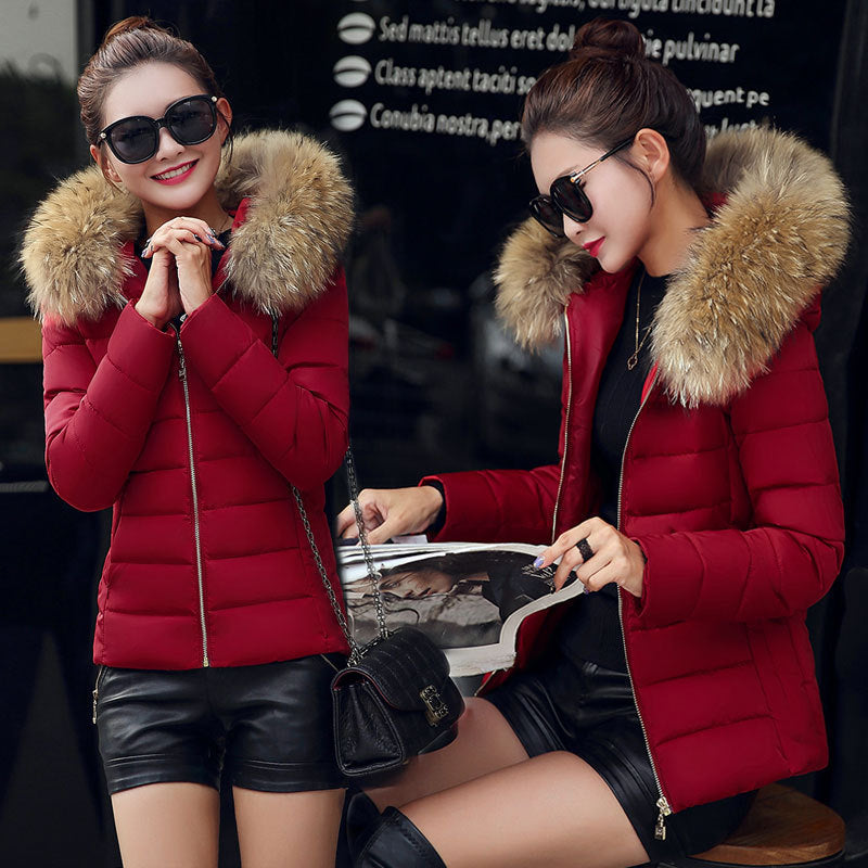 Women's Cotton-padded Coat Short Fur Collar Slim Quilted Coat