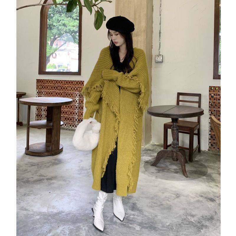 Mid-length Knitted Cardigan Women's Over-the-knee Tassel Sweater Coat
