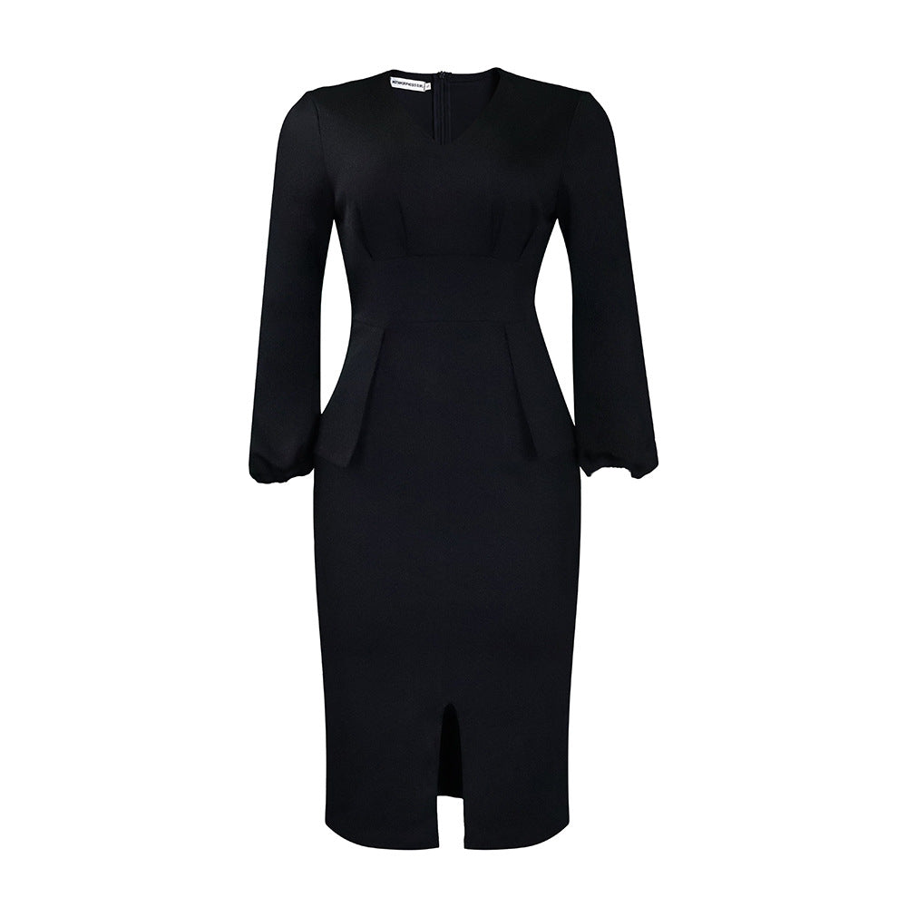 Women's Clothing V-neck Puff Sleeve Split Dress Pencil Skirt