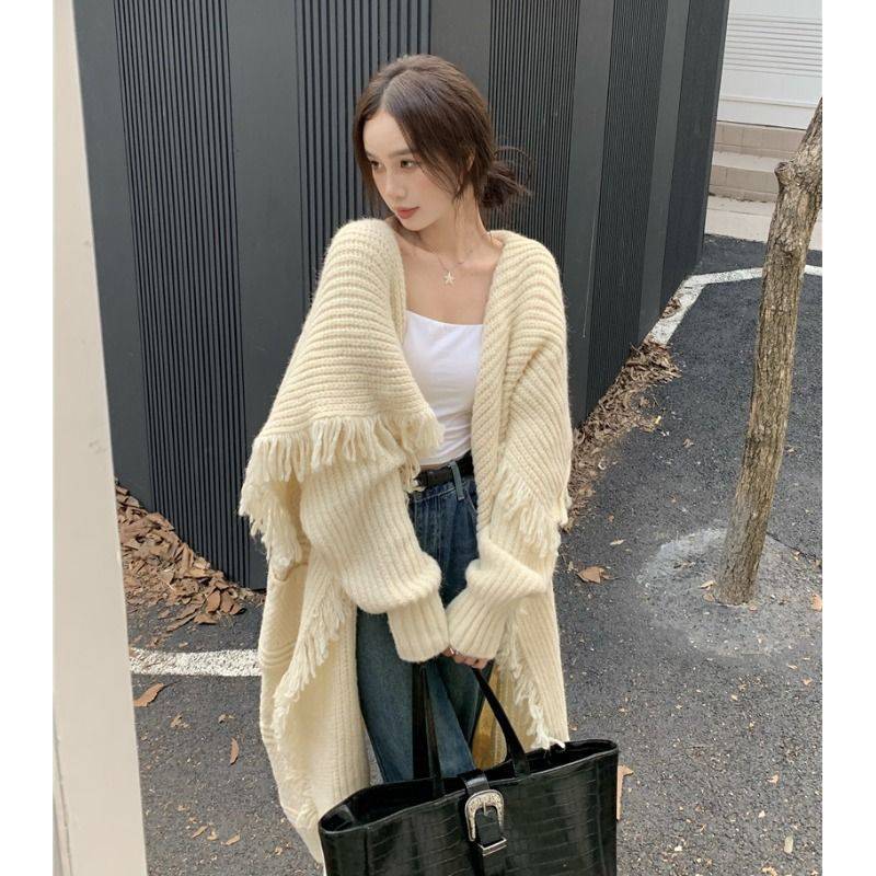Mid-length Knitted Cardigan Women's Over-the-knee Tassel Sweater Coat
