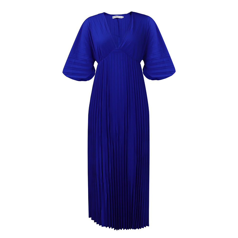 Women's Loose Casual V-neck Batwing Sleeve Pleated Dress