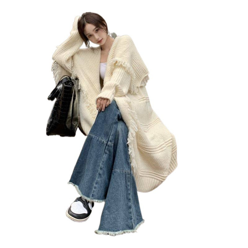 Mid-length Knitted Cardigan Women's Over-the-knee Tassel Sweater Coat