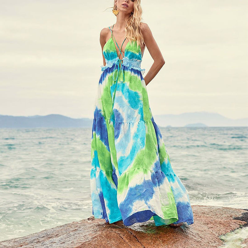 Tie-dye Gradient Slanted Stripe Horizontal Pattern Printing Slip Dress