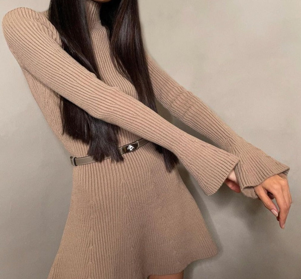 Autumn And Winter Long Sleeves Solid Color Top Turtleneck Sweater High Waist Tight Short Knitted A- Line Dress