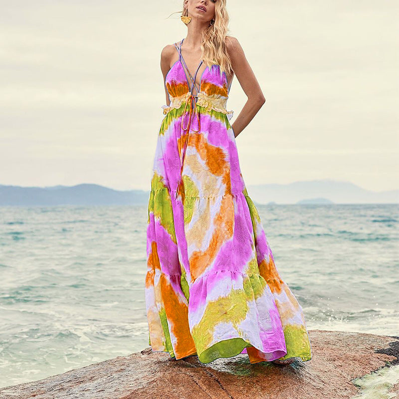 Tie-dye Gradient Slanted Stripe Horizontal Pattern Printing Slip Dress