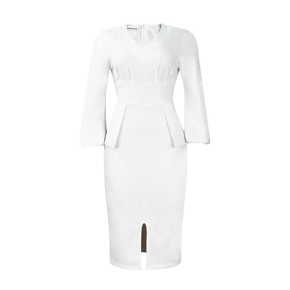 Women's Clothing V-neck Puff Sleeve Split Dress Pencil Skirt