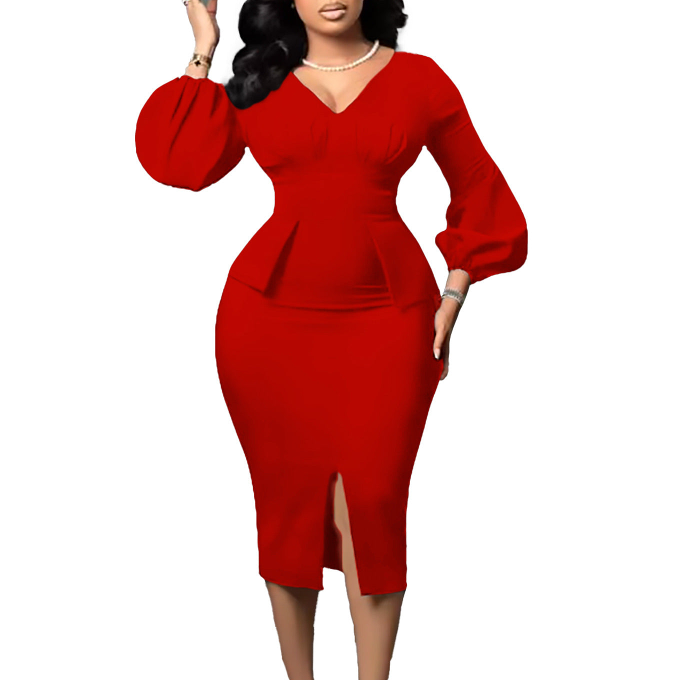 Women's Clothing V-neck Puff Sleeve Split Dress Pencil Skirt