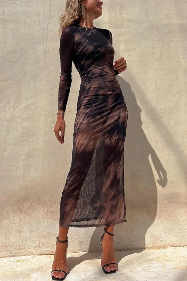 Tie-dye Printed Long Sleeve Fashion Pleated Stretch Dress