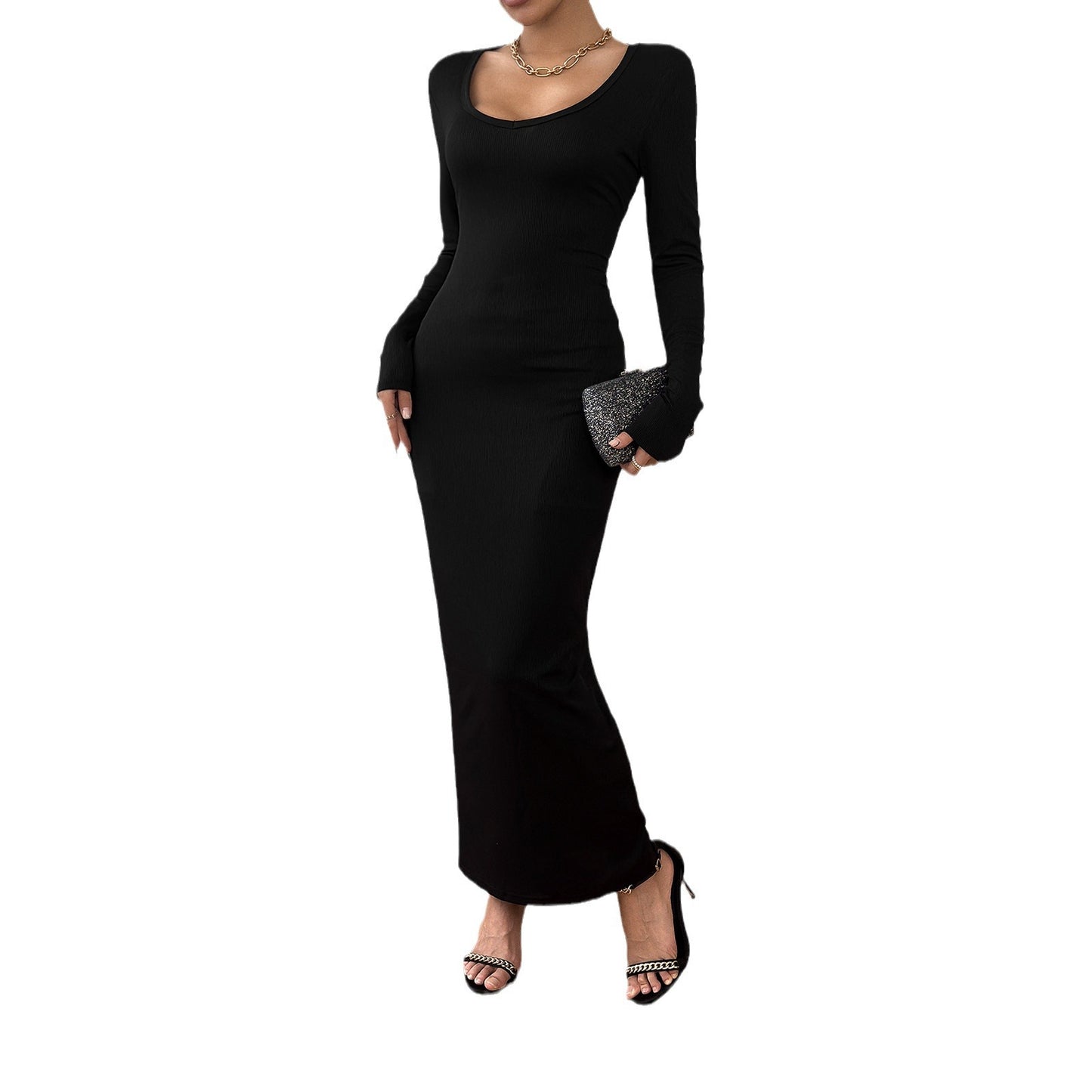 Women's Fashion Temperament Pure Color Slim Fit Dress