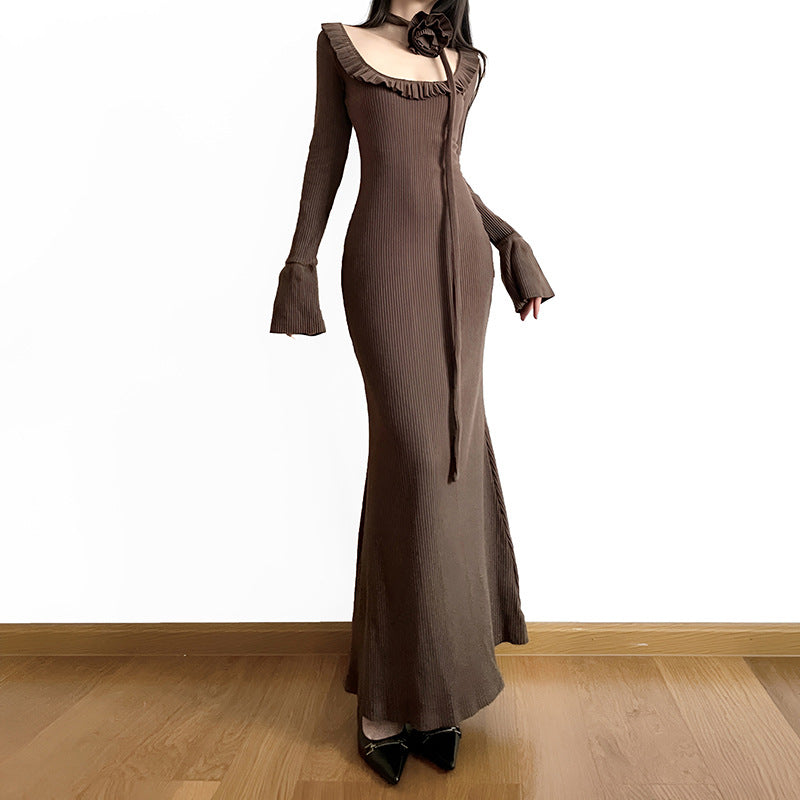Waste Soil Style Ruffled Slim-fit Long Sleeve Dress