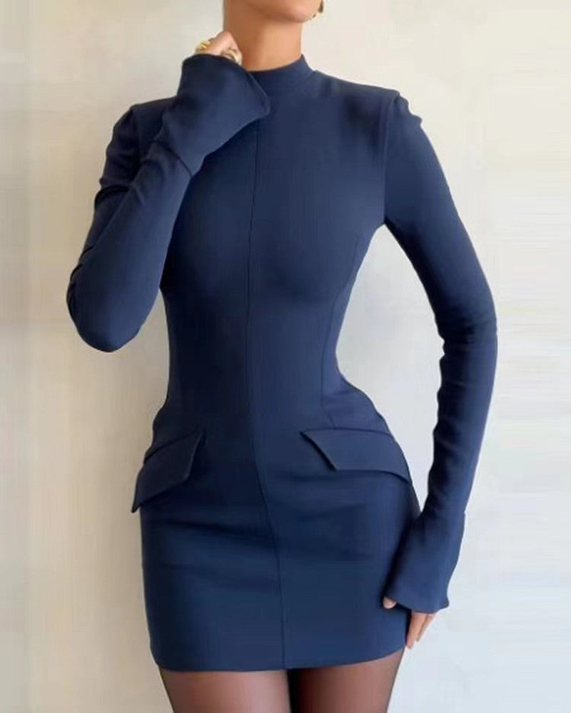 Round Neck Long Sleeve Slim Solid Color Dress