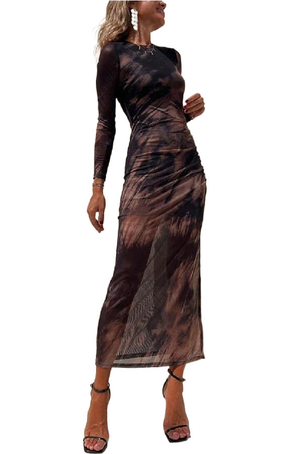 Tie-dye Printed Long Sleeve Fashion Pleated Stretch Dress