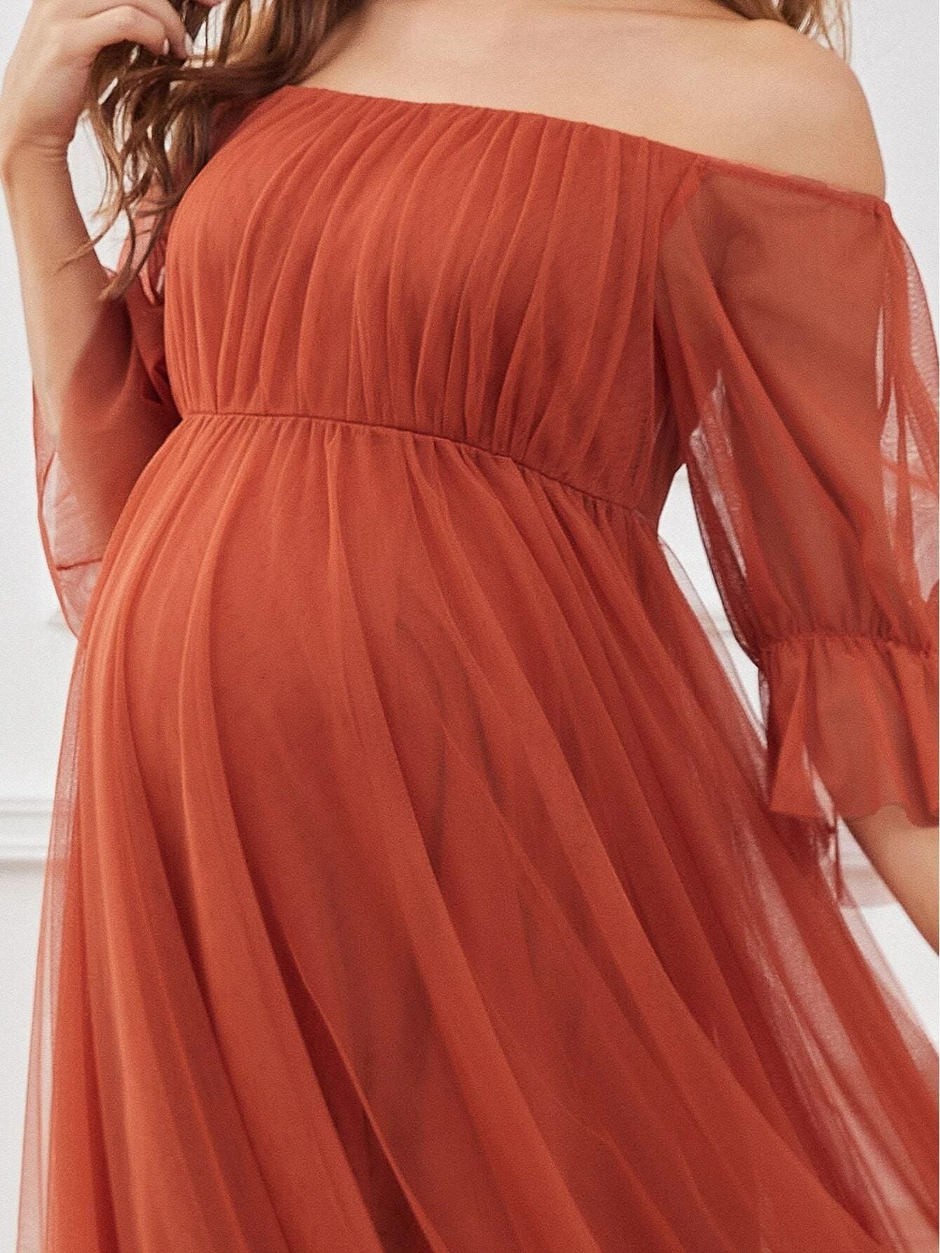 Pregnant Women's Long Short Sleeve Off-neck Tulle Solid Color Dress