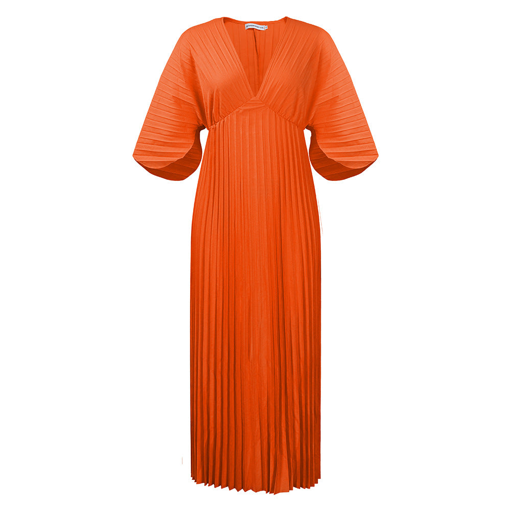 Women's Loose Casual V-neck Batwing Sleeve Pleated Dress