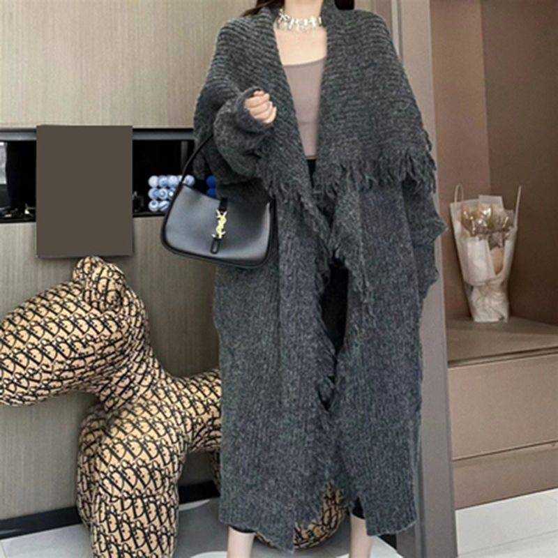 Mid-length Knitted Cardigan Women's Over-the-knee Tassel Sweater Coat