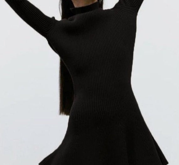 Autumn And Winter Long Sleeves Solid Color Top Turtleneck Sweater High Waist Tight Short Knitted A- Line Dress