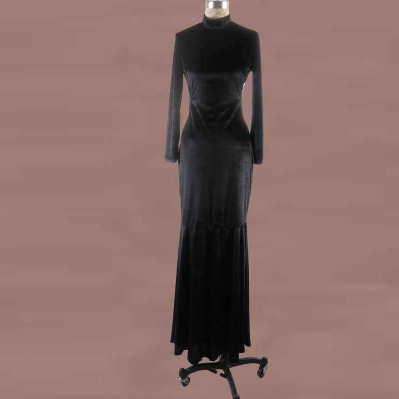 Women's Fashion Pure Black Dress Trailing Dress
