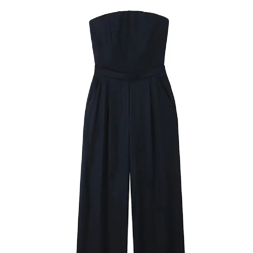 Women's Black Loose Fitting Linen Blend Bra Style Jumpsuit