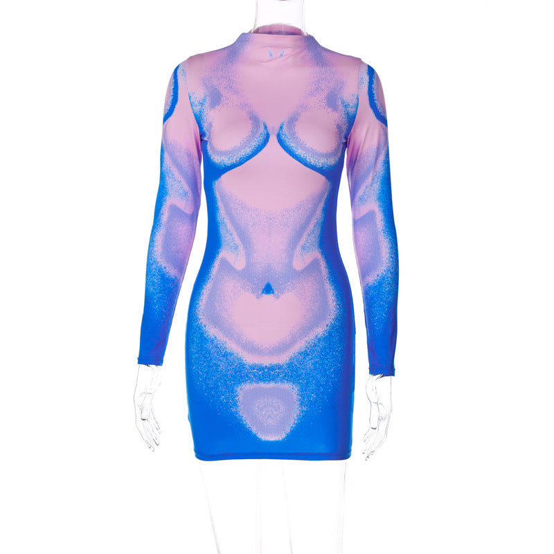 Printed Slim-fit Round Neck Sheath Long-sleeved Dress