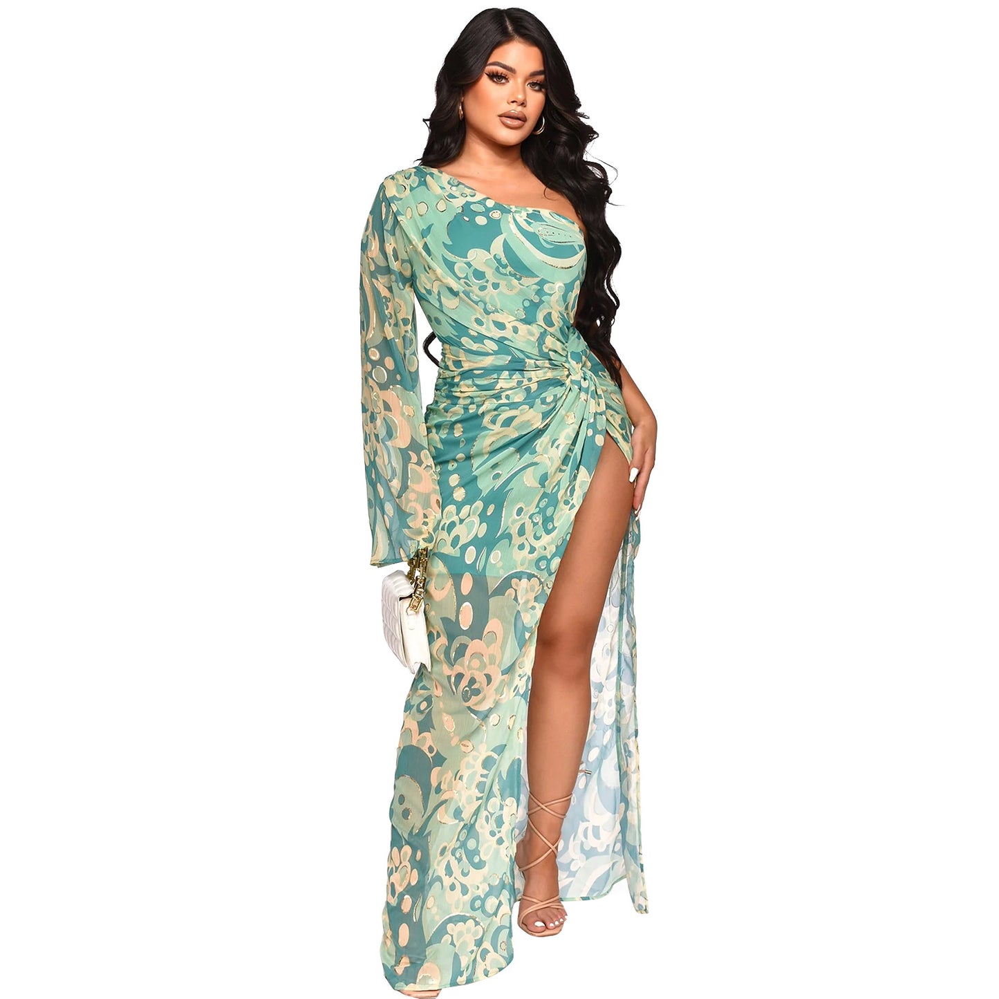 Printed Irregular One-shoulder Dress