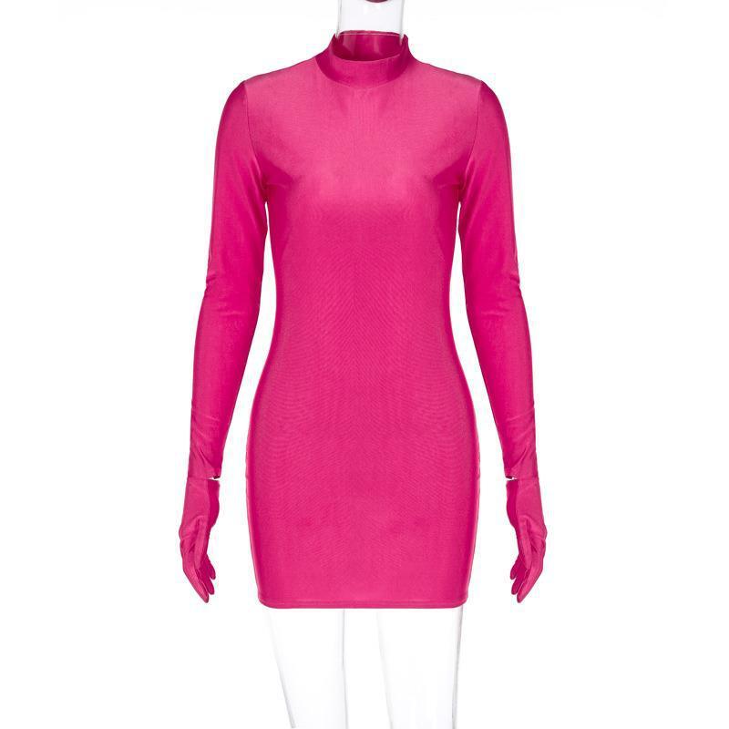 Hip Round Neck Long Sleeve Gloves Dress