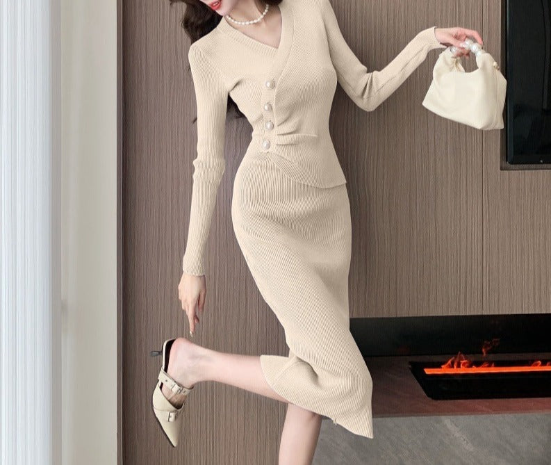 Design Sense Slim Fit Temperament Hip Skirt Waist Slimming Knitted Dress Women