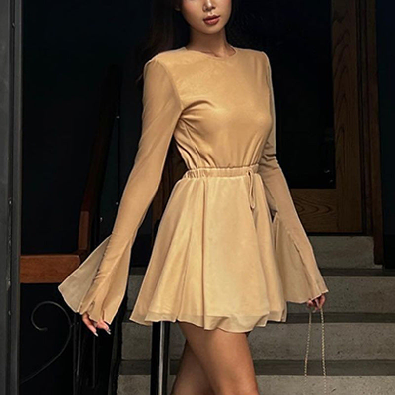 Temperament Crew Neck Horn Long Sleeve Mesh Dress Sexy Backless Skinny Skirt