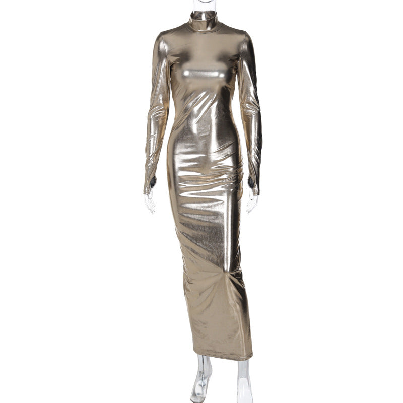 Polyester Sexy Backless Pleated Solid Color Long Sleeve Finger Stall Dress