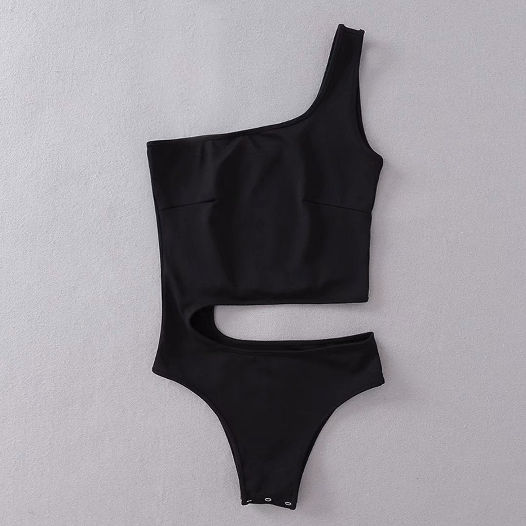 Irregular Cropped Navel Show Back Sleeveless One Shoulder Piece Swimsuit