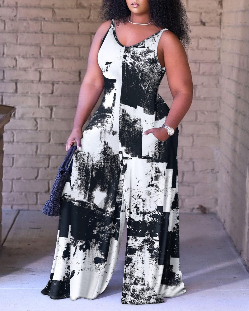 Women's Printed Loose Suspender Jumpsuit