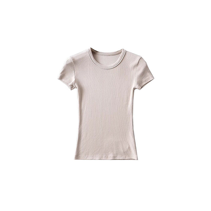Basic Style Round Neck Tight Stretch Solid Color Short Sleeve T-shirt Top