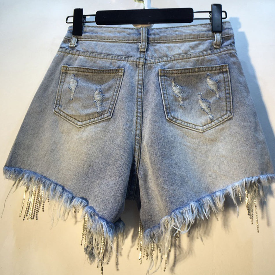Fringed Chain Jeans Women's High Waist Slim Shorts Style Heavy Industry Beading Tide