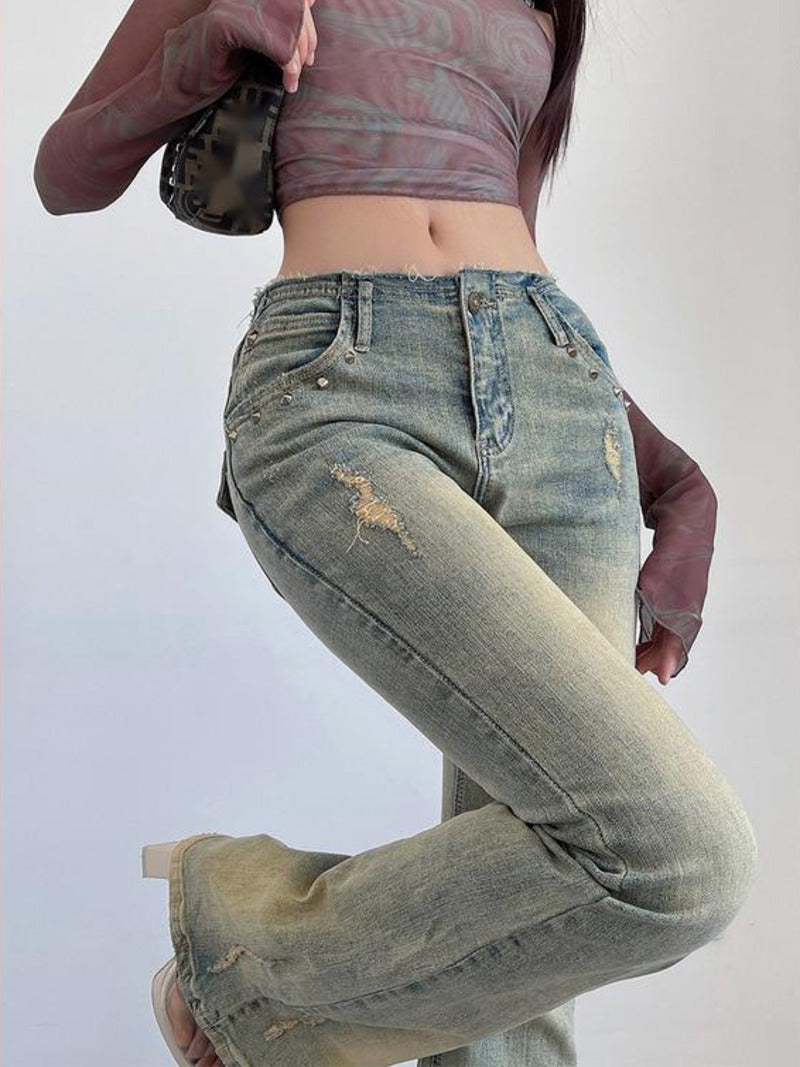 Women's Rivet Wear High Waist Flared Jeans