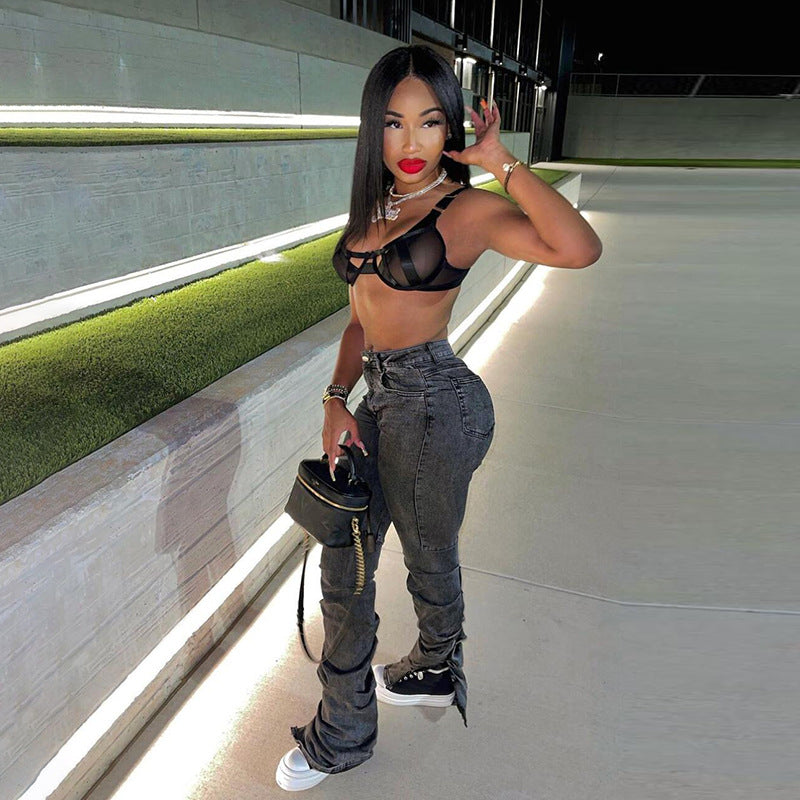 High Waist Bag Hip Casual Pants Pleated Slit