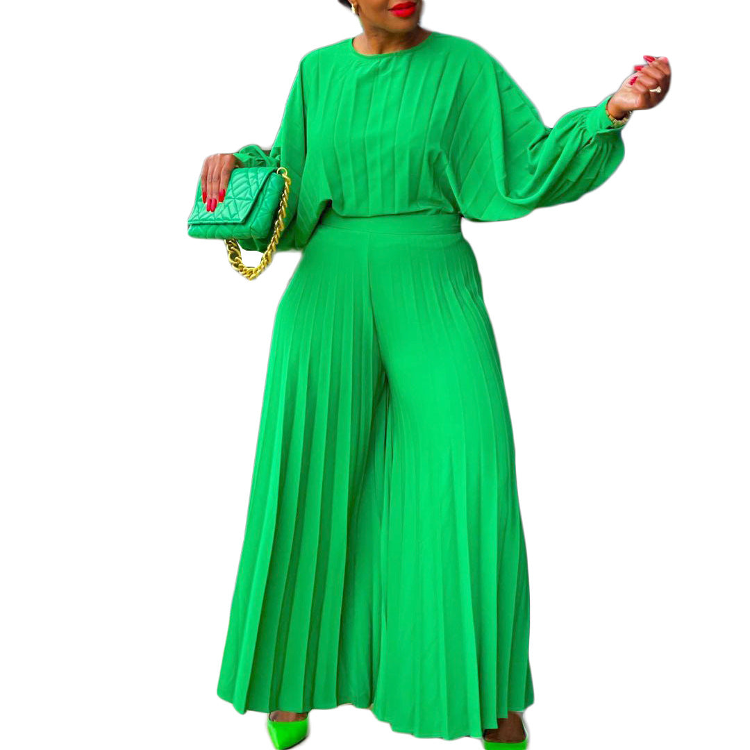 Women's Loose Casual V-neck Batwing Sleeve Pleated Dress