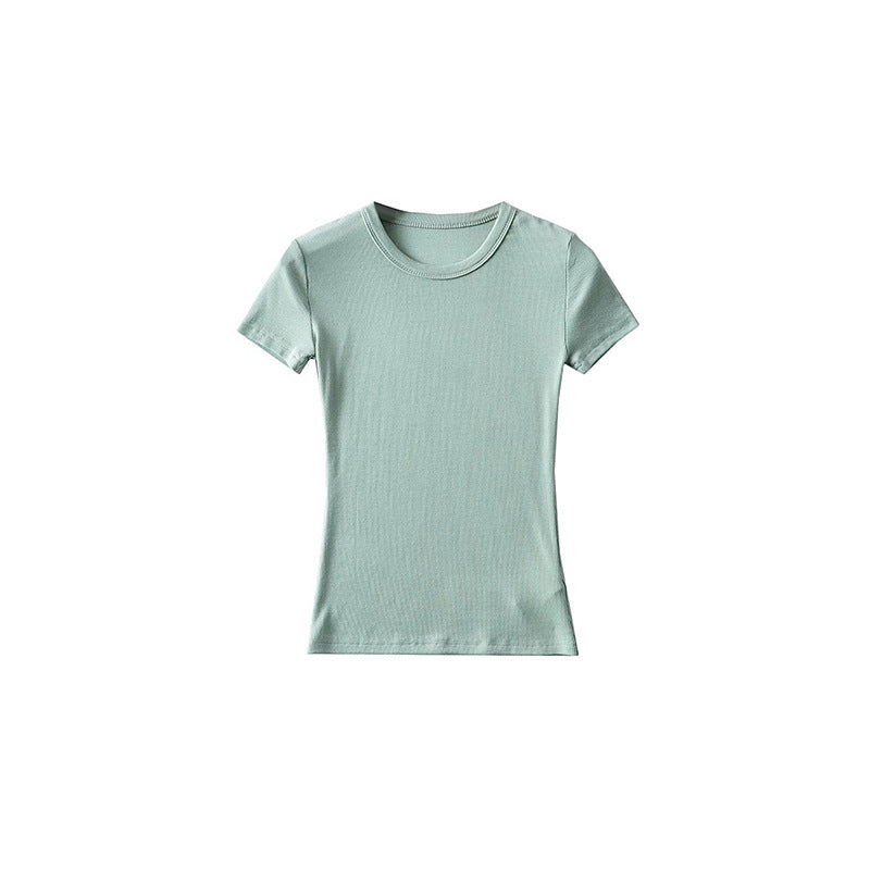 Basic Style Round Neck Tight Stretch Solid Color Short Sleeve T-shirt Top
