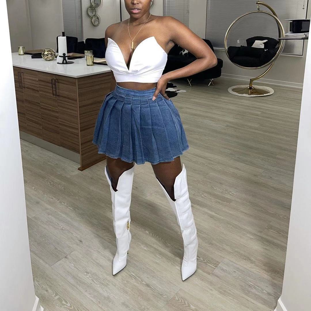 Women's Casual Denim Solid Color Pleated Skirt