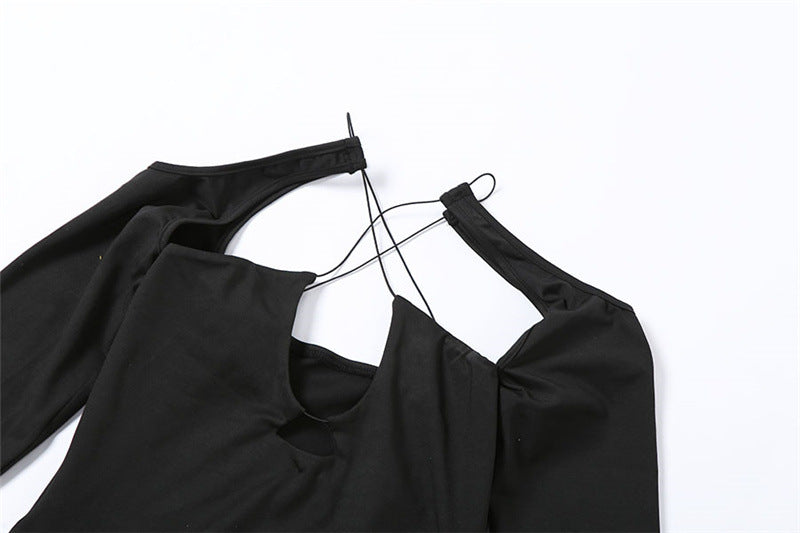 Fashion Hollow Solid Color Long Sleeve Slim Fit Hip Dress
