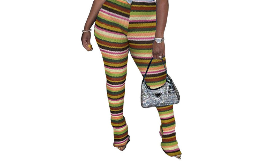 Color Striped Knit Hollow Jacquard Flared Pants