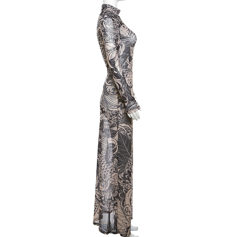 Women's Fashion Personality Street Digital Printed Mesh High Waist Dress