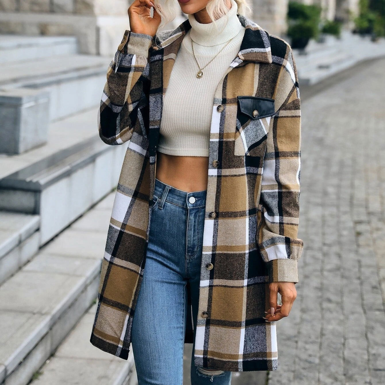 Casual Plaid Printed Pocket Long Jacket
