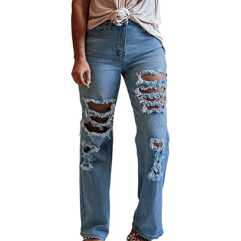 Washed And Worn Straight-leg Distressed Jeans