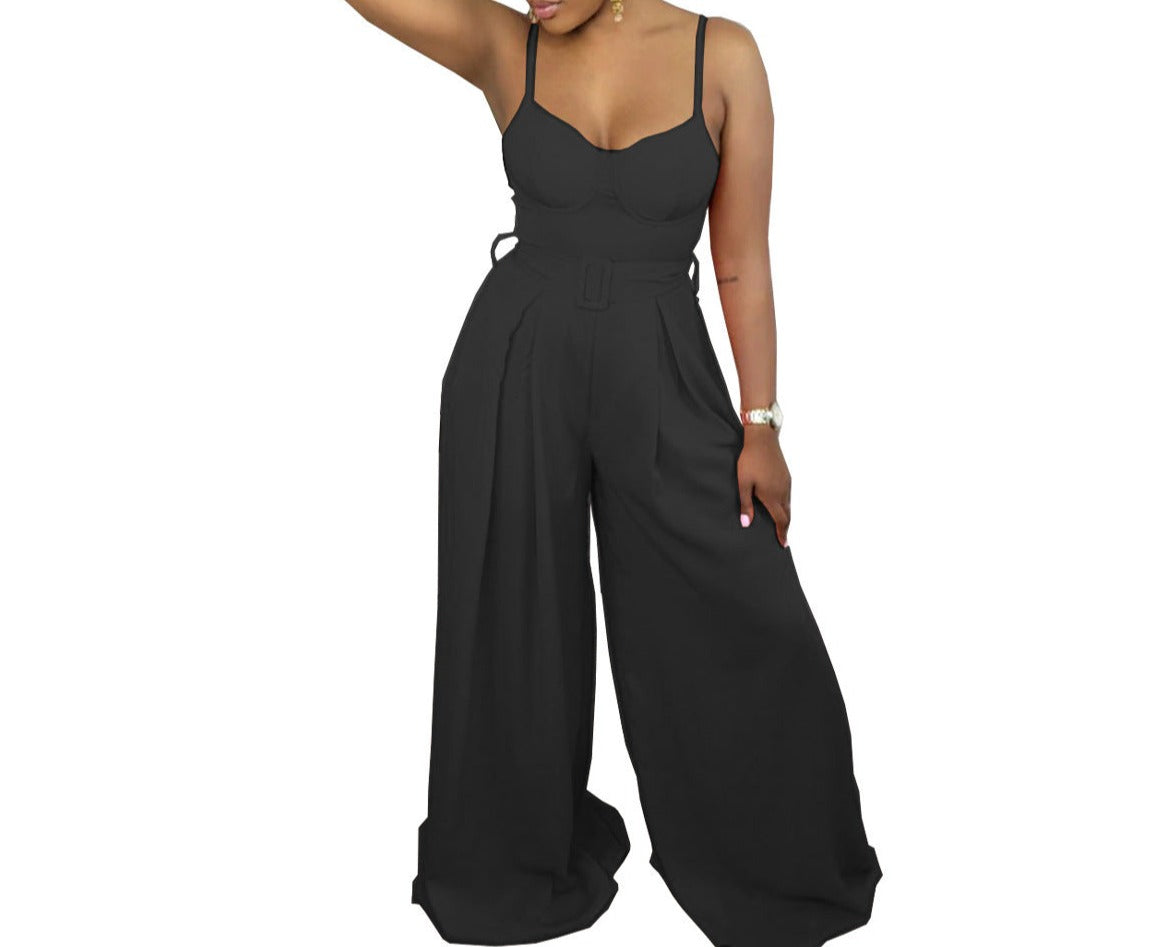Fashion Solid Color Suspender Wide Leg Ladies Jumpsuit