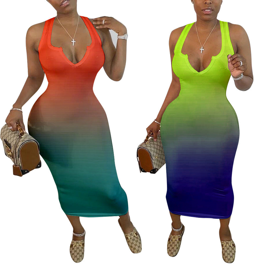 Women's Clothing Skinny V-neck Gradient Color Dress