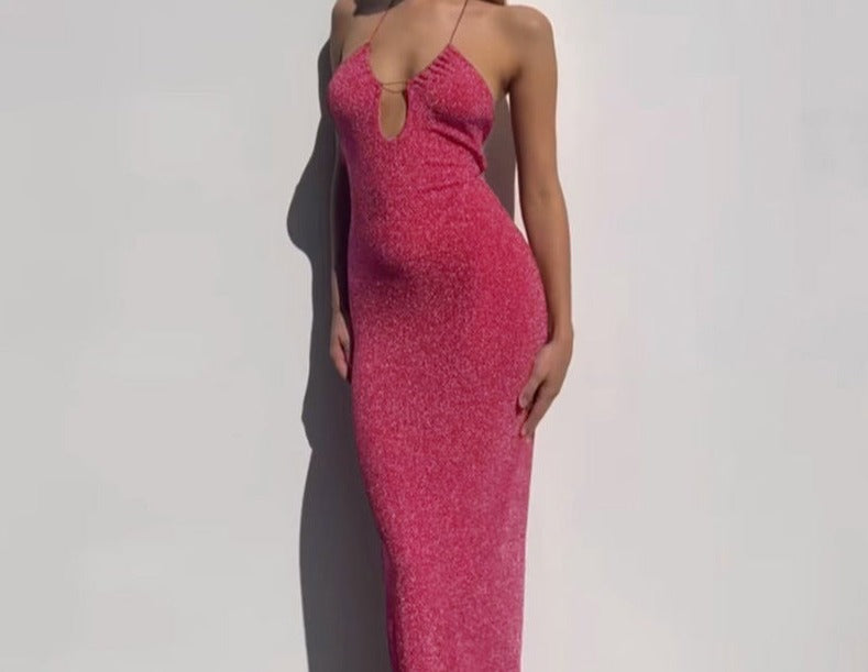 Bright Silk Suspender Skirt Hollow Backless Sheath Dress