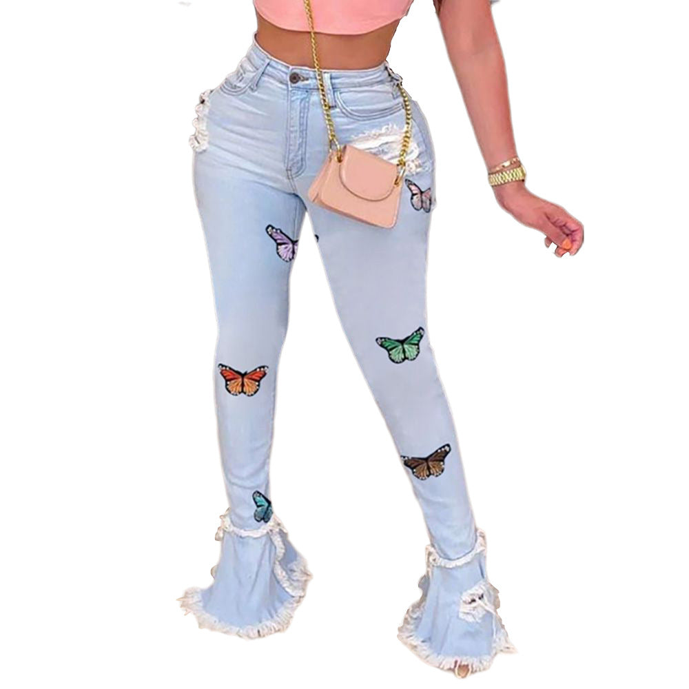 Fashion Butterfly Embroidered Ruffled Hole Denim