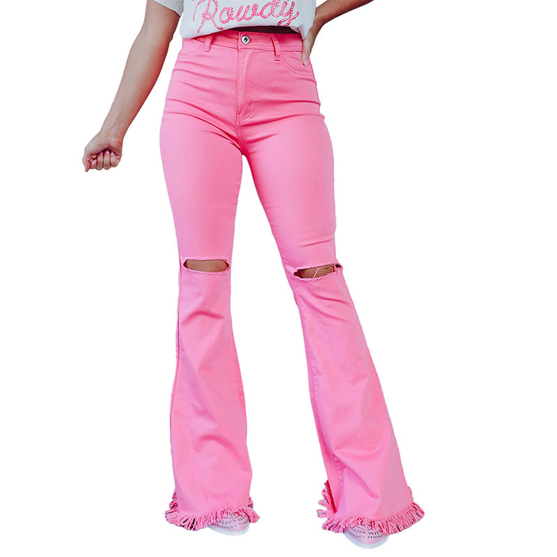 Ripped Bell-bottom Fashion Solid Color High Waist