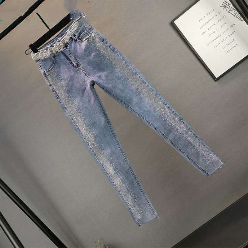 Fashion Stretch Thin Jeans With Hot Rhinestones