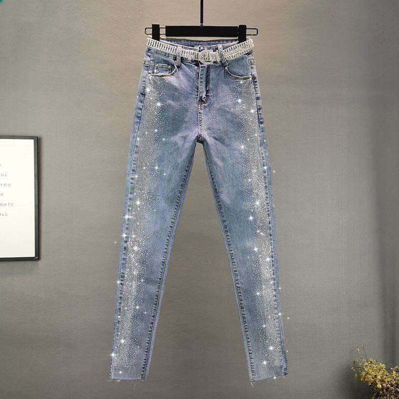 Fashion Stretch Thin Jeans With Hot Rhinestones